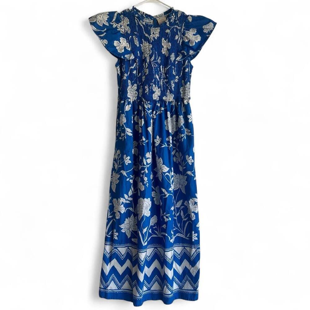 St John's Bay 100% Cotton Blue Floral Maxi Dress Size M Smocked Ruffle Sleeves